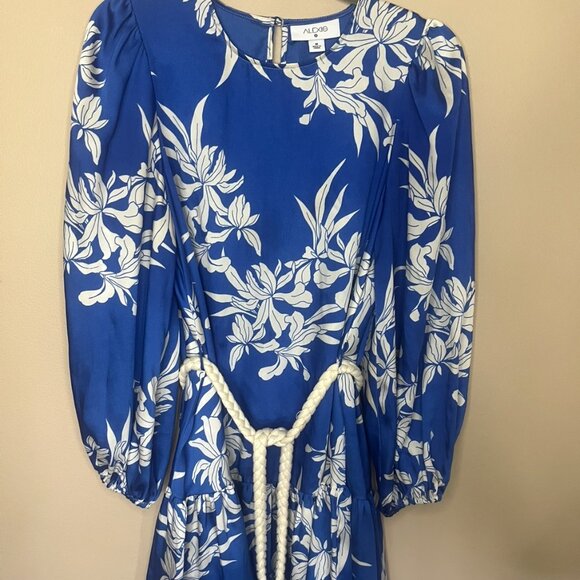 Alexis for Target Blue Floral Mini Dress | Balloon Sleeves & Rope Belt | Size M - Picture 2 of 8